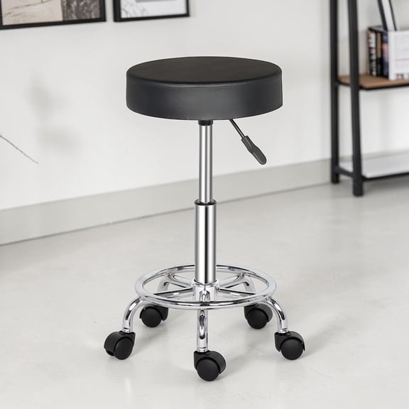 IVV Backless Rolling Bar Stool, 360° Rotation & Adjustable Height, Black PU Leather Swivel Padded Seat with Chrome Plated Base for Kitchen Bar Living Room