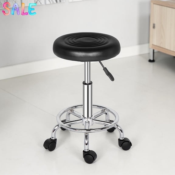 IVV Backless Round Salon Stool with Circle Line Seat and Rust-Resistant Chrome Iron Frame, Height-Adjustable Swivel Stool, White Padded Utility Stool for Indoor Use