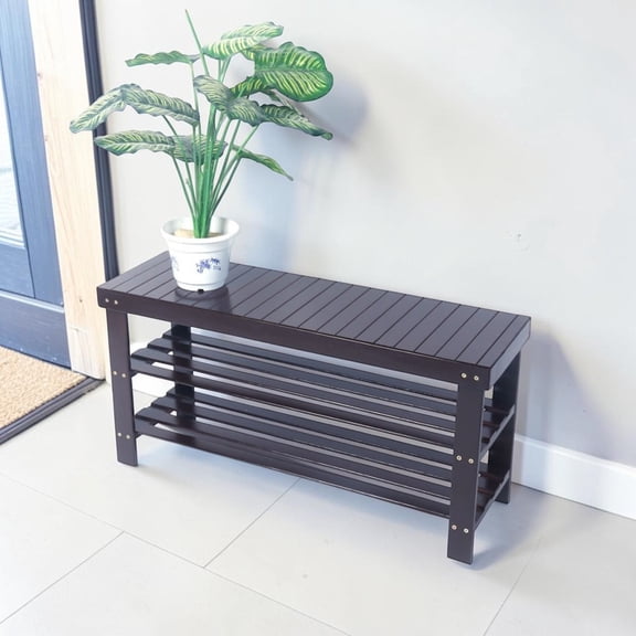 IVV Bamboo Bench w/ Shoe Rack, 3-Tier Entryway Organizer, Multi-Functional Storage & Seating, Easy to Assemble, 35.43"L x 11.02"W x 17.72"H, Coffee Finish