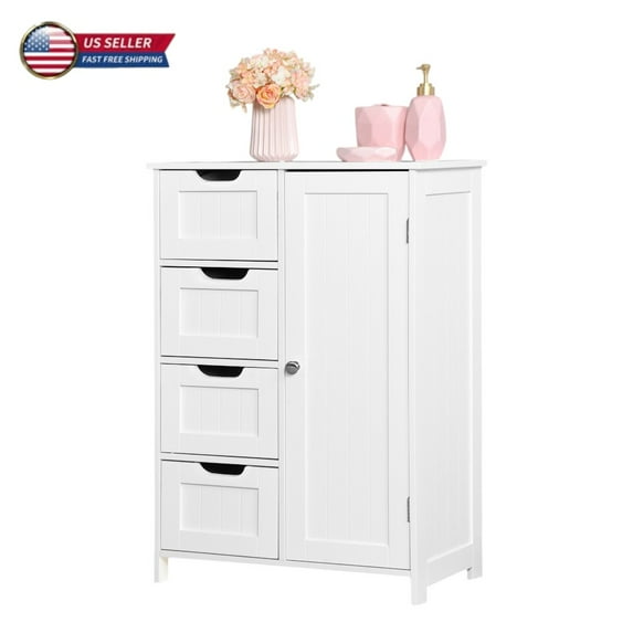 IVV Bathroom Floor Storage Cabinet, Freestanding Storage Unit with 4 Drawers, Single Door Cabinet with Internal Adjustable Shelf, 21.7"L x 11.8"W x 31.9"H, White
