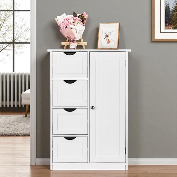 IVV Bathroom Free-Standing Cabinet, Practical Floor Storage Cabinet with 1 Door & 4 Drawers for Kitchen, Entrance, Living Room, 21.7"L x 11.8"W x 31.9"H, White