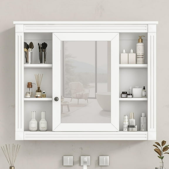 IVV Bathroom Mirror Cabinet Wall Mounted, Modern White Medicine Cabinet with Adjustable Interior Shelf and 6 Open Compartments, Wall Cabinet for Hallway Laundry Living Room, 35"L x 7.1"W x 28.7"H
