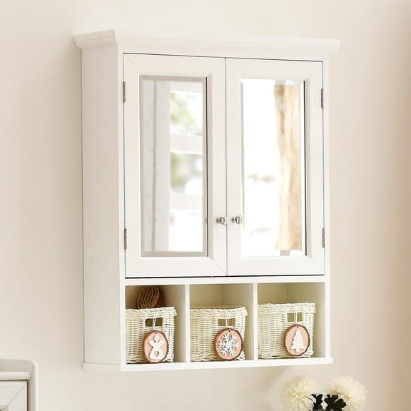 IVV Bathroom Wall Cabinet with Mirror, Wall Mounted 2-Doors Medicine Cabinet w/ 2 Adjustable Shelves and 3 Storage Baskets, Wooden Floating Cabinet for Kitchen Laundry Room (White)