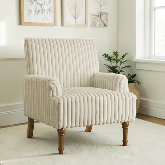 IVV Beige Corduroy Accent Armchair, Modern Tufted Upholstered Chair with Padded Seat and Solid Wood Legs, for Living Space or Reading Nook