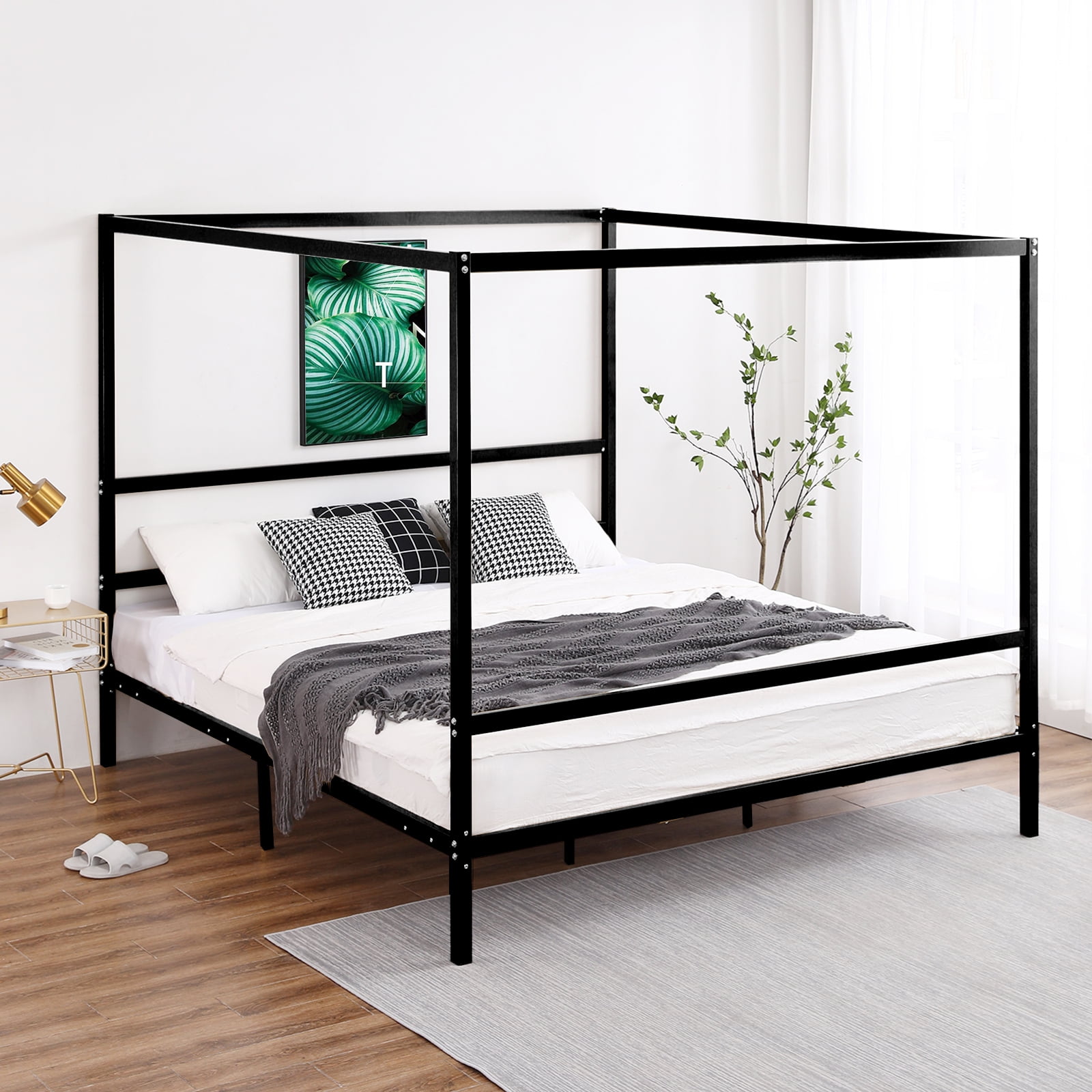 IVV Black Metal 4 Poster Canopy Bed Frame with Headboard, Mattress