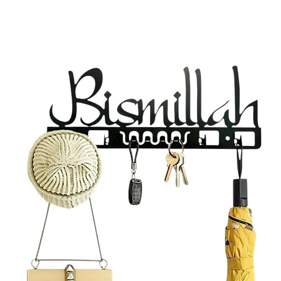 IVV Black Metal Key & Towel Holder – “Bismillah” Wall Art with 6 Hooks, Muslim Home Décor Wall-Mounted Rack for Keys, Hijabs, Prayer Beads, Towels