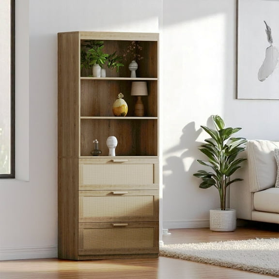 IVV 71" Tall Display Bookcase with 3 Rattan Drawers and 3 Open Shelves, Rustic Boho Utility Floor Cabinet for Bedroom Living Room Dining Room Home Office (Natural)