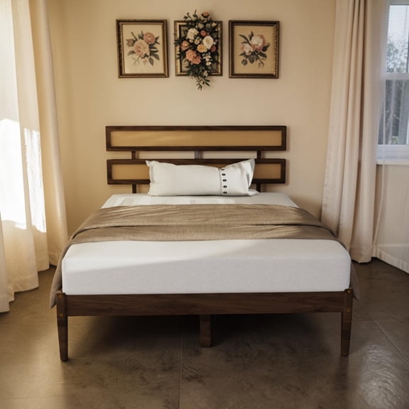 IVV Boho Wood Bedframe in Dark Walnut, Full Size Platform Bed with Rattan Inlay Headboard, Solid Pine Frame, No Box Spring Needed, Easy Assembly