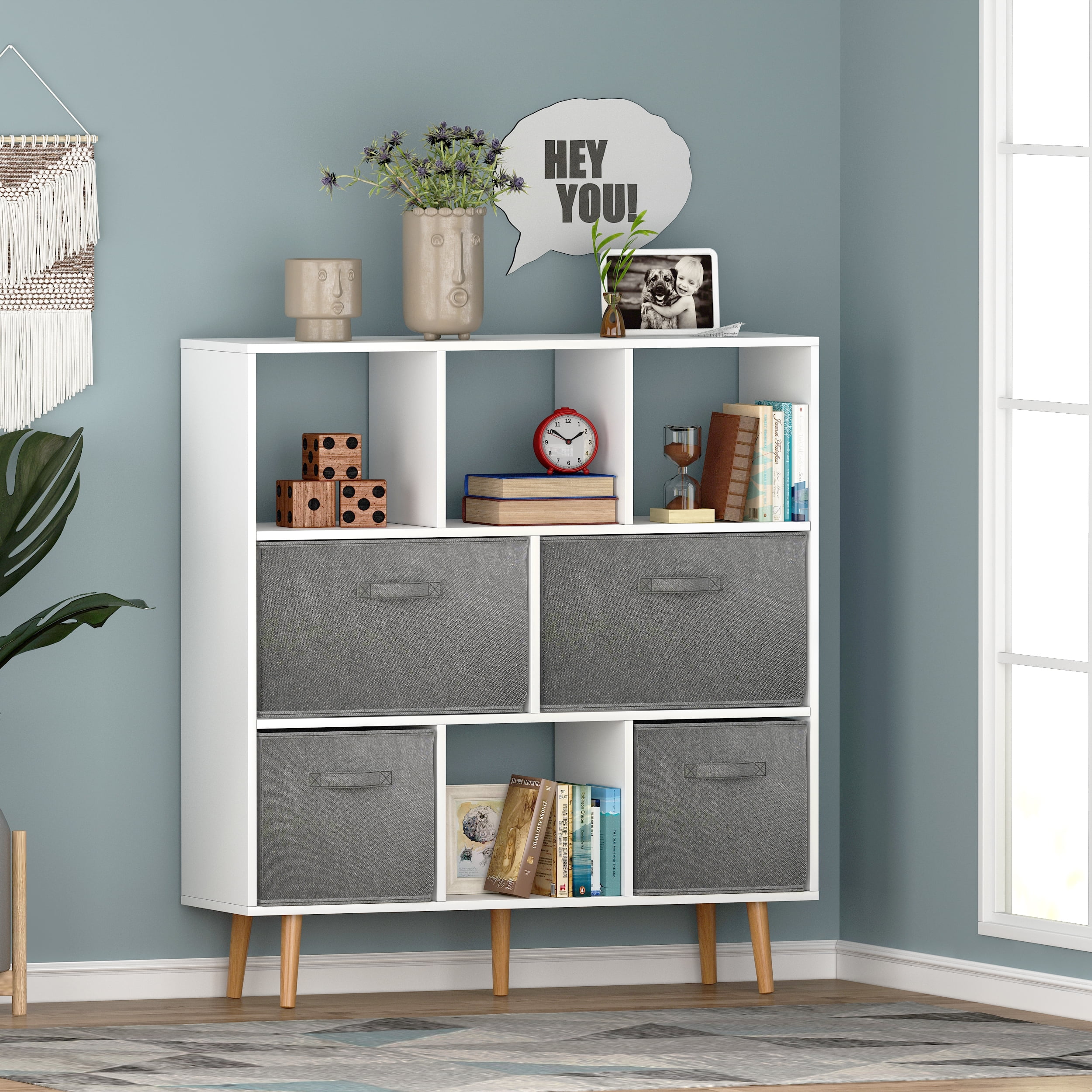 IVV Bookshelf, Wooden Open Shelf Bookcase with 4 Fabric Shelf, Modern