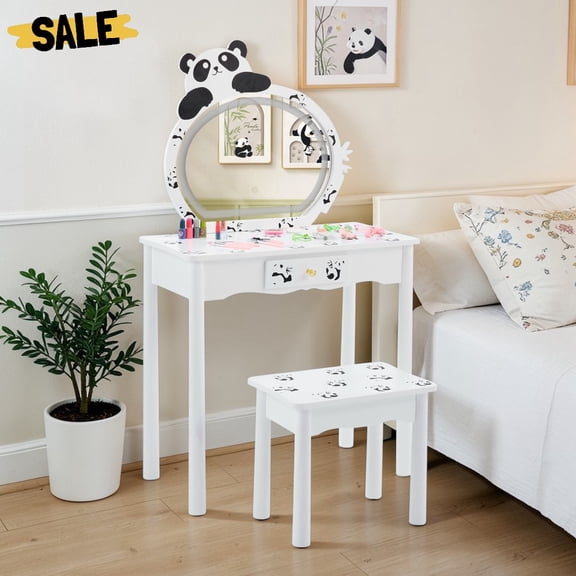 IVV Cartoon-Themed Vanity Set with Panda Pattern, Modern White Dressing Table w/ Lighted Mirror, Touch Control & Adjustable Brightness, Storage Drawer and Solid Wood Legs, Includes Stool