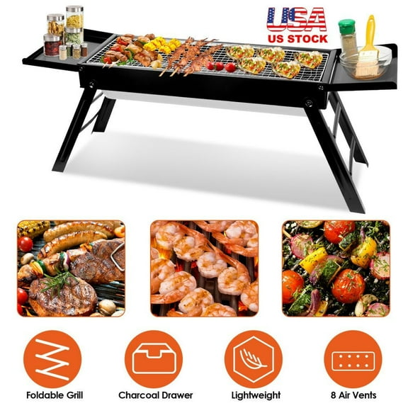 IVV Charcoal Grills Portable BBQ Griddle, Folding Kabob Barbecue with 2 Side Foldable Trays for Outdoor Hibachi BBQ Lamb Skewer Camping Barbecue Grill in Garden Backyard Party Picnic Travel (Black)