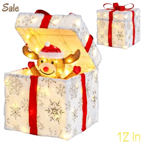 IVV Christmas Lighted Gift Box with Reindeer Decoration, 12in Motorized Pop up Xmas Present Decor for Indoor & Outdoor, Living Room, Yard, Deck, Garden, White