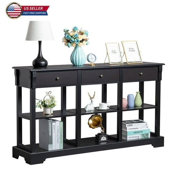 IVV Console Sofa Table with Ample Storage, Retro Kitchen Buffet Cabinet Sideboard with Open Shelves and 3 Drawers, Accent Storage Cabinet for Entryway/Living Room Black Color