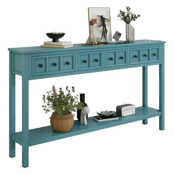 IVV Console Table, Rustic Sofa Table with 4 Drawers and Open Shelf, for Foyer/Living Room/Behind Couch (Turquoise Green, 60 Inches)