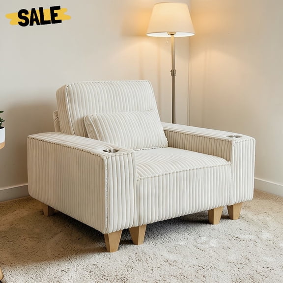 IVV Corduroy Upholstered Accent Chair with Deep Seat & Built-in Cup Holders, Modern Lounge Sofa Armchair with Pillow, Comfy Reading Chair for Living Room Bedroom Apartment (Beige)