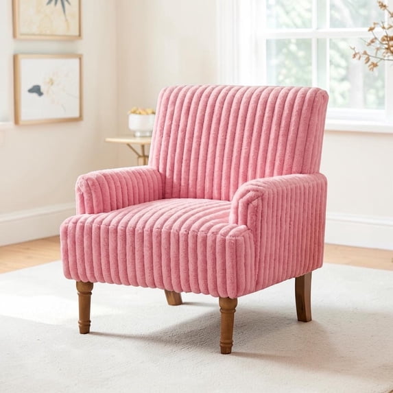 IVV Corduroy Upholstered Armchair, Comfortable Accent Chair with Solid Wood Legs & Channel Tufting, for Living Space or Reading Nook (Pink)
