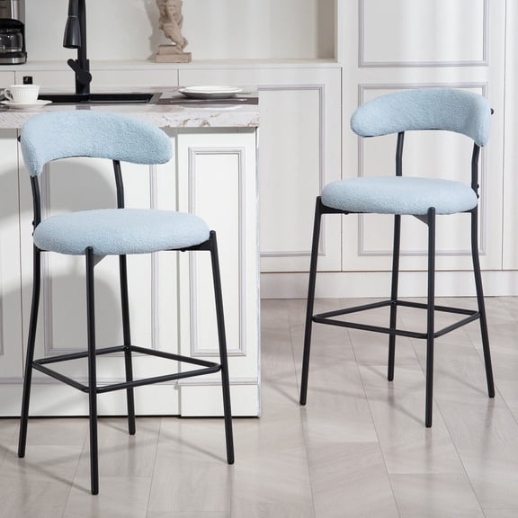IVV Counter Height Bar Stools Set of 2, 26" Upholstered Armless Stools w/ Teddy Fabric Seat & Back, Modern Kitchen Island Chairs with Black Metal Base and Footrest (Blue)