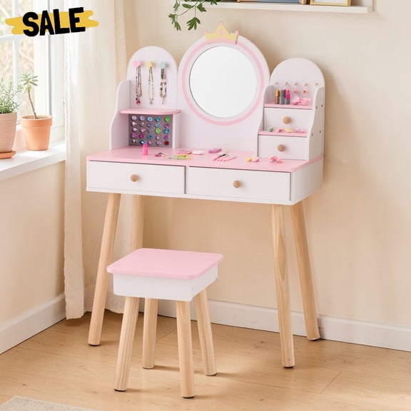 IVV Crown-Themed Vanity Set, 27.6" White & Pink Princess Dressing Table with 4 Drawers and Solid Wood Legs, Includes Round Mirror & Square Stool