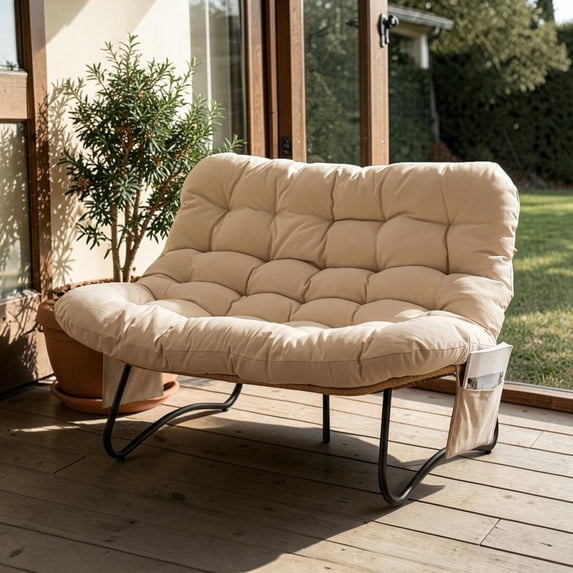 IVV Curved Wicker Loveseat, 54.72"W 2-Seat Rattan Sofa with Metal Frame and Beige Cushions, Indoor/Outdoor Use for Garden Porch Living Room