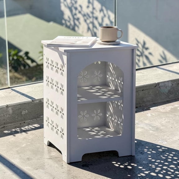 IVV Decorative Storage Side Table in White, Versatile 3-Tier Accent End Desk with Open Shelves and Floral Hollow Cutouts, Lightweight & Humidity-Resistant PVC Construction, 13.8"L x 13.8"W x 19.7"H