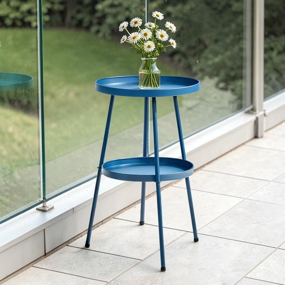 IVV End Table, Compact Metal Nightstand with Double Round Storage Trays, Adjustable Anti-Slip Feet, Small Accent Side Table for Indoor/Outdoor Bedroom Patio, 15"Dia x 20"H, Navy Blue