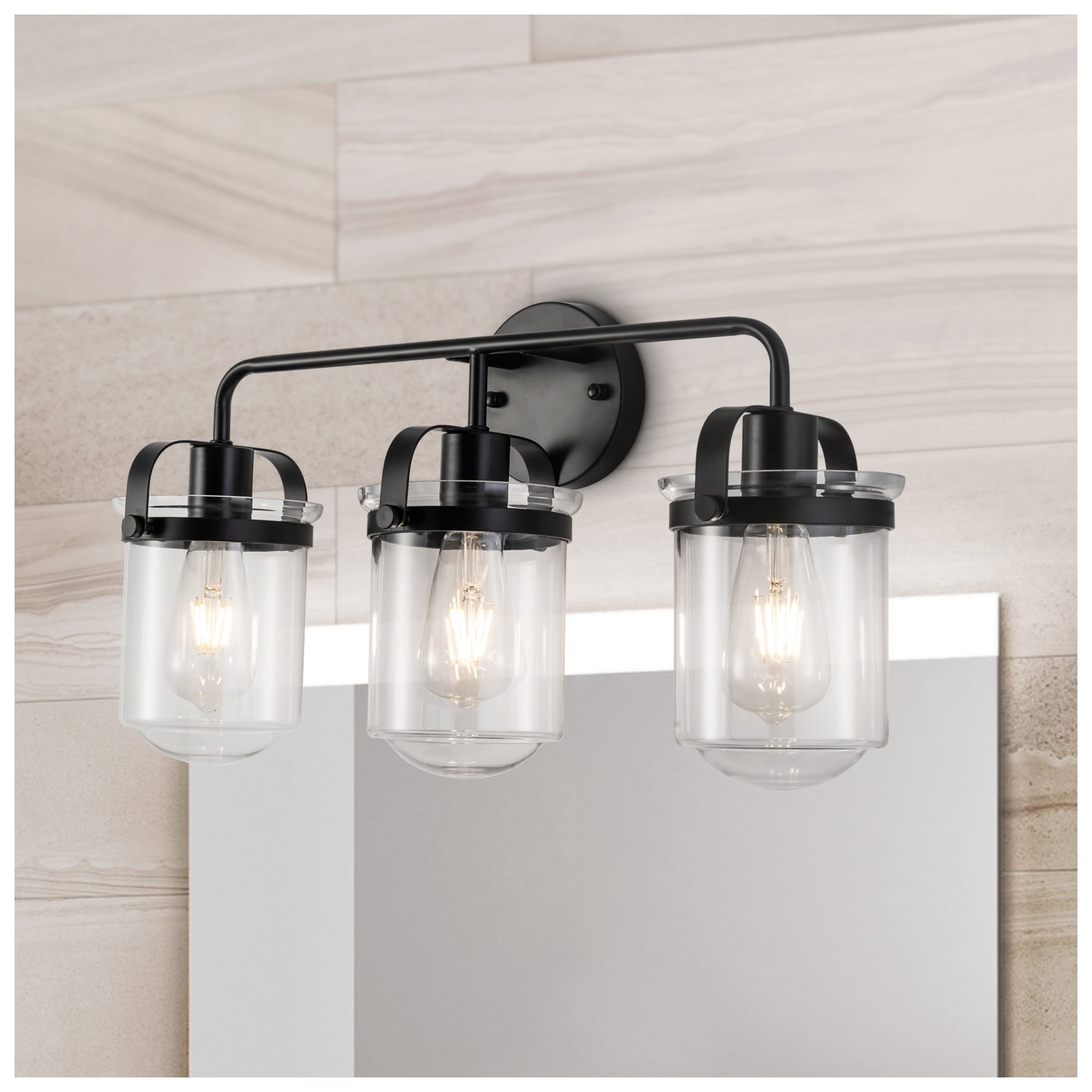 IVV Farmhouse Bathroom Vanity Light Fixtures Black with Clear Glass Shade 3 Light Industrial Wall Lighting Rustic Sconces Wall Mount Lamp for Living Room Hallway (Bulbs Not Included)