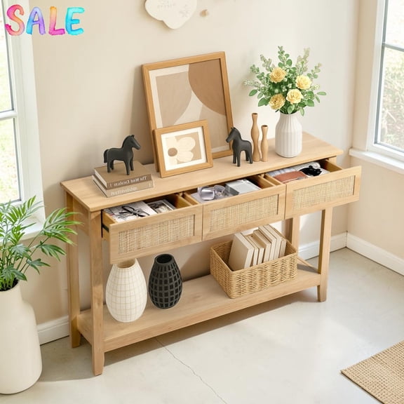 IVV Farmhouse Boho Console Table with 3 Rattan Drawers and Bottom Storage Shelf, Versatile Use for Staircase, Entryway, Foyer, Living Room, 51.2"L x 11.8"W x 31.9"H, Natural