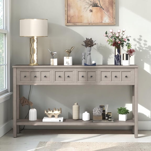 IVV Farmhouse Console Table, 60" Narrow Entryway Table with Storage Drawers & Open Shelf, Distressed Finish Solid Wood Sofa Table for Behind Couch, Gray Wash