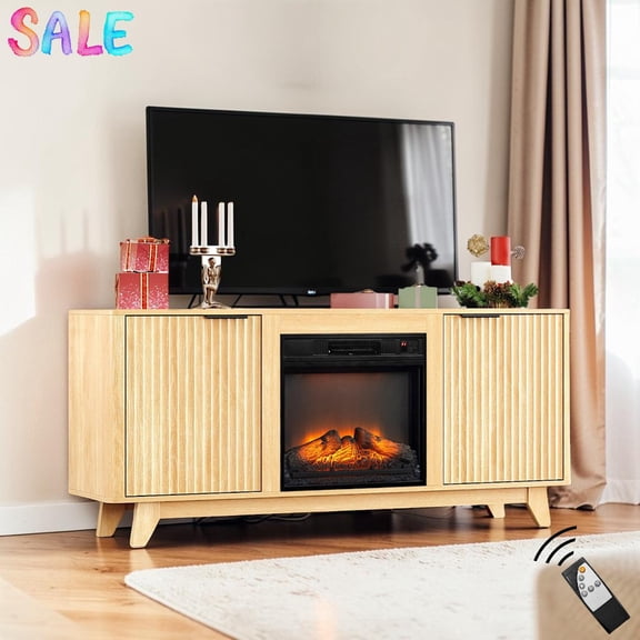IVV Farmhouse Electric Fireplace TV Cabinet, 58" Oak Embossed Particleboard Media Stand with Black Handles, 18" 3D Flame Fireplace Heater for Living Room/Bedroom