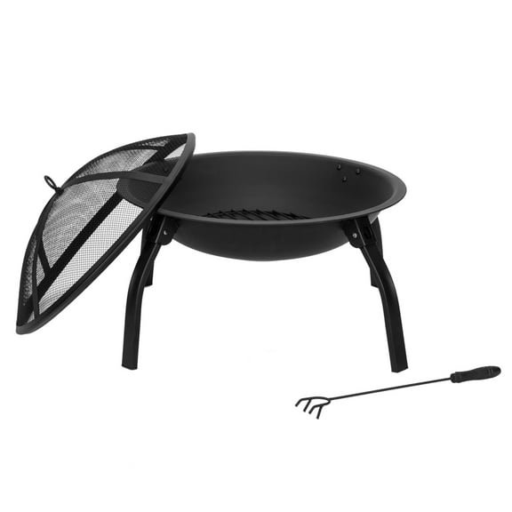 IVV Fire Pit, 22" Outdoor Folding Patio Steel Fire Pit Bowl BBQ Grill with Mesh Lid, Iron Brazier Wood Burning Iron Bonfire Firebowl for Backyard, Camping, Picnic, Garden (Black)