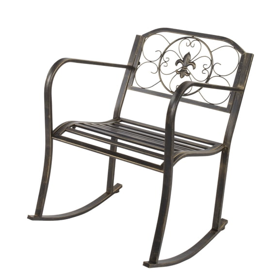 IVV Outdoor Wrought Iron Porch Rocking Chair, Perfect for Patio, Deck, Backyard or Garden, Fleur-de-Lis Pattern Backrest - Bronze Color