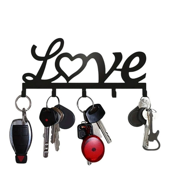 IVV Floating Metal Wall-Mounted Key Holder Rack, Dual Installation (Screw & Adhesive), Black Minimalist Design with 5 Hooks for Home & Office Organization, “Love” Script Accent