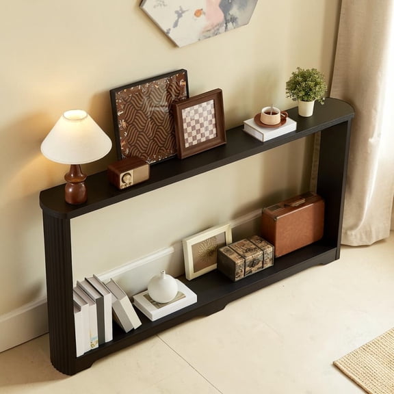IVV Fluted Console Table with Bottom Shelf, 70.1" Long Entryway Sofa Table with Curved Arc Design, 2-Tier Storage for Living Room or Bedroom, Black