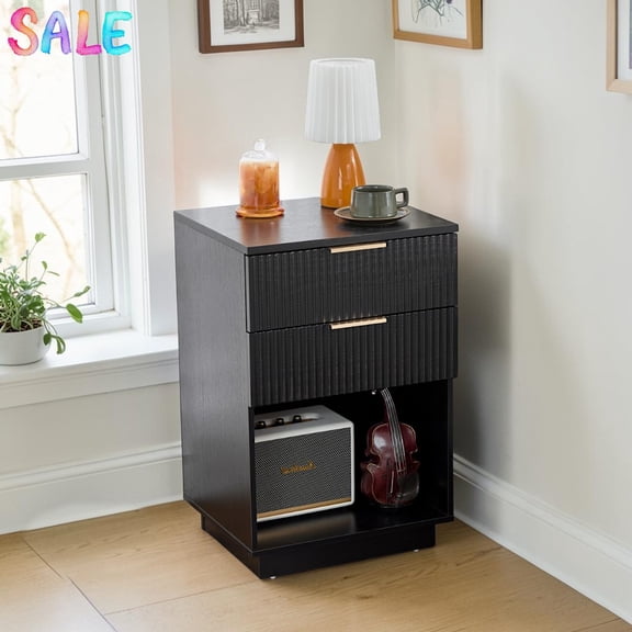 IVV Fluted Nightstand with 2 Drawers & Open Storage Shelf, Modern Bedside Table for Bedroom, 17.72"L x 15.75"W x 27.56"H, Black