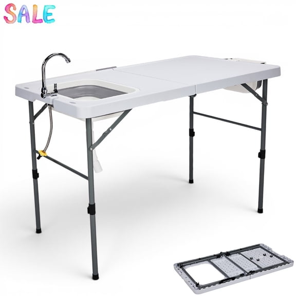 IVV Foldable Fish Cleaning Table with Sink & Faucet, Portable HDPE Camping Kitchen Prep Table w/ Side Trash Bin, for Camping, Fishing, BBQ, or Backyard, White