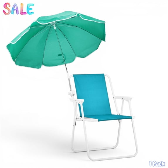 IVV Folding Beach Chair with Detachable Umbrella, Outdoor Lounge Chair, Portable PE Oxford Cloth & Iron Frame Sunshade Camping Chair, 265lbs Load Capacity, Mint