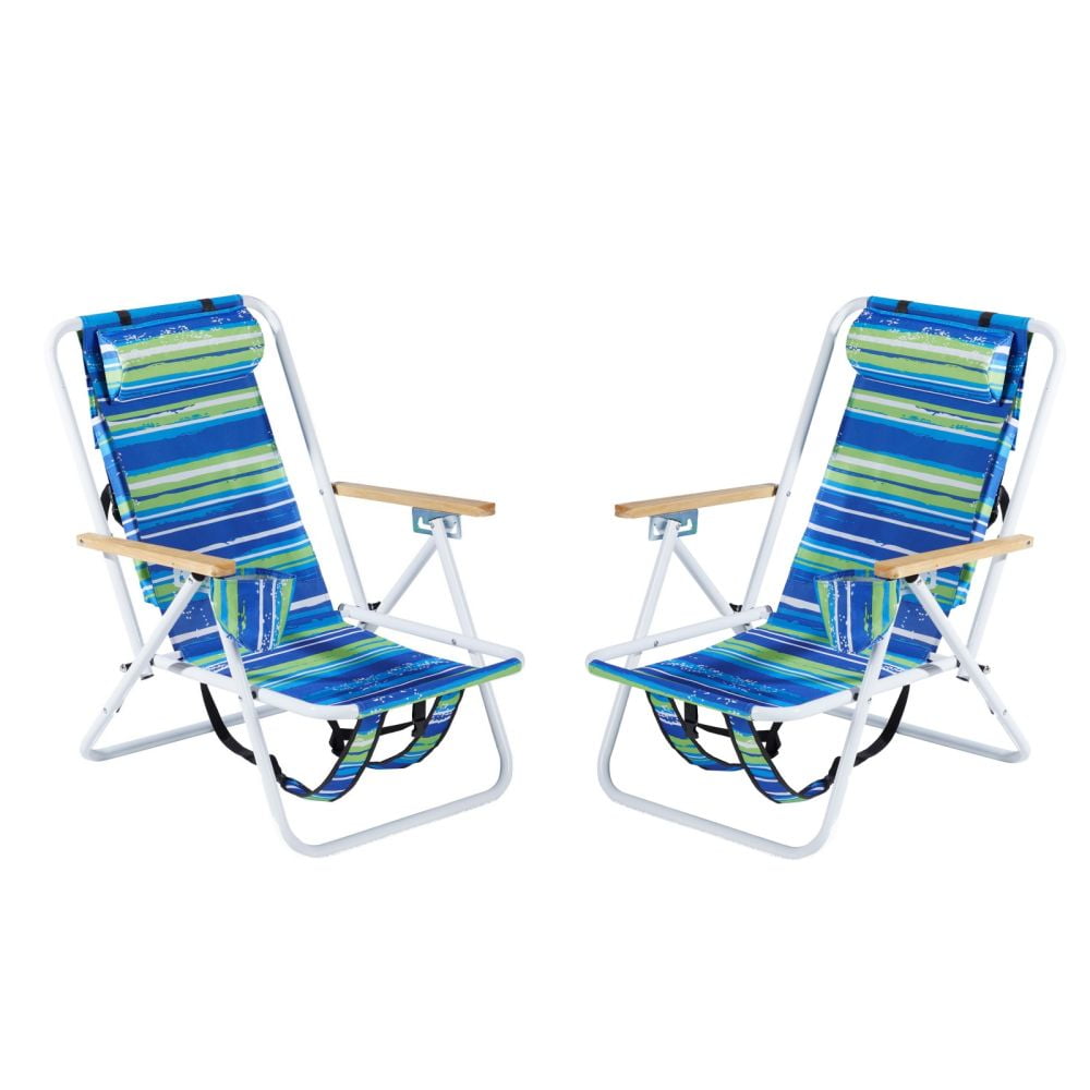 IVV Folding Beach Chairs Set of 2 4 Position Steel Frame Backpack Chair with Headrest and Cup Holder Blue Green Stripes