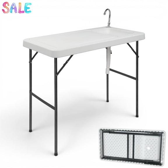 IVV Folding Fish Cleaning Table, Portable Outdoor Fillet Table w/ with Sink, Faucet & Drain Hose, HDPE Top & Steel Legs, Foldable Hunting Cutting Station for Camping, Picnic, Garden, White