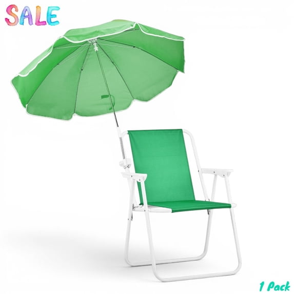 IVV Folding Leisure Beach Chair with Detachable Umbrella, Portable Outdoor Lawn Armchair with Iron Frame, for Beach, Camping, Park (Green)