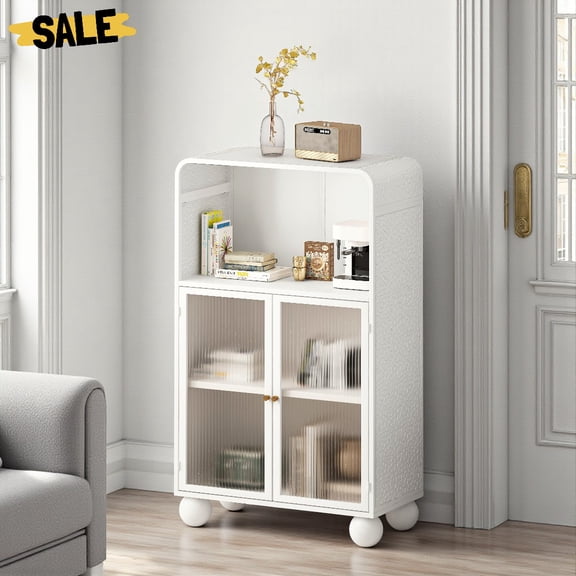 IVV Freestanding Storage Metal Cabinet, Floor Display Cabinet with 2 Glass Doors and Open Shelf, for Entrance Bedroom Bathroom Kitchen Reception Room, 27.56"L x 13.78"W x 45.28"H, White