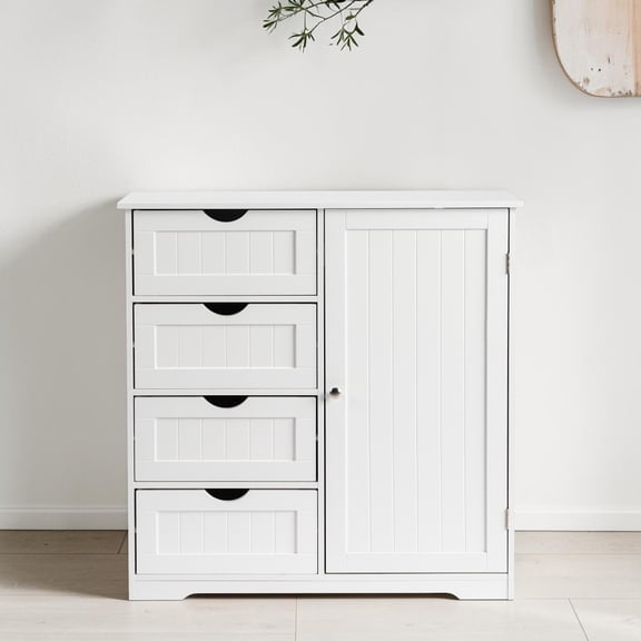 IVV Freestanding White MDF Cabinet, Modern 31.5" Wide Storage Cabinet with Single Door and 4 Drawers, Easy Assembly