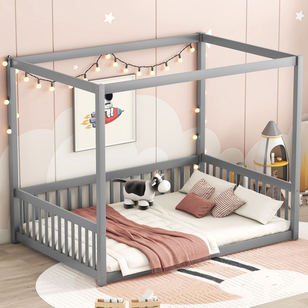 IVV Full Size Canopy Floor Bed Frame with Fence for Kids, 4Poster