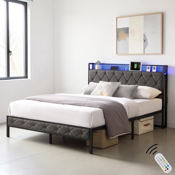 IVV Full Size Platform Bed with RGB LED Lights & Charging Station, Smart LED Bed Frame w/ Tufted Upholstered Headboard & Under-Bed Space, 1,000 lbs Capacity, Dark Gray