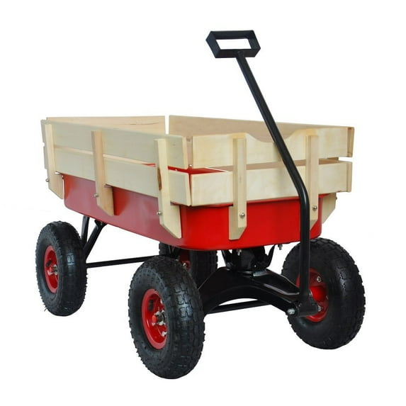 IVV Garden Cart with Removable Wood Railing, Kids Outdoor Wagon with 10" Pneumatic Wheels, All Terrain Cargo Wagon with 176lbs Weight Capacity, Red