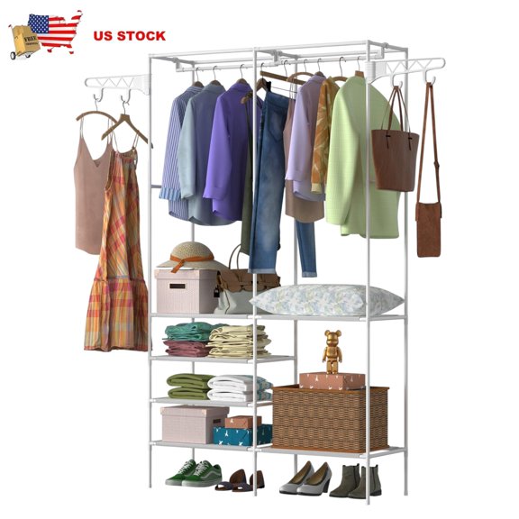 IVV Garment Rack, 4 Tiers Freestanding Closet Organizer System with 2 Rotatable Side Hooks, Metal Storage Clothes Rack with Hanger Rod and Non-Woven Fabric Shelf, 42.1"L x 14.2"W x 66.1"H, White