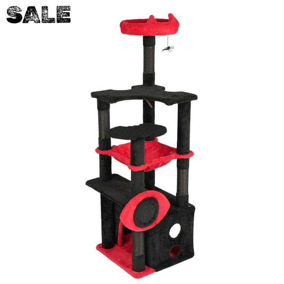 IVV Gothic Cat Tree with Hammock & Condo, 53"H Multi-Level Cat Tower with Padded Perch, Scratching Posts & Hanging Spider Toy, Black & Red