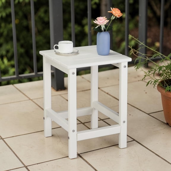 IVV HDPE Patio Side Table, Indoor & Outdoor Weatherproof Single Layer End Table, 14" Square Accent Table for Pool Porch Balcony Bedroom, Easy to Maintain and Assemble, White