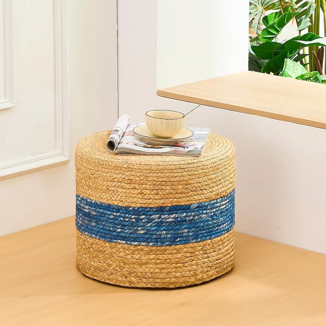 IVV Handmade Woven Water Hyacinth Foot Stool | 15.7" Round Ottoman Home Decorative End/Side Table for Small Space (Natural & Blue)