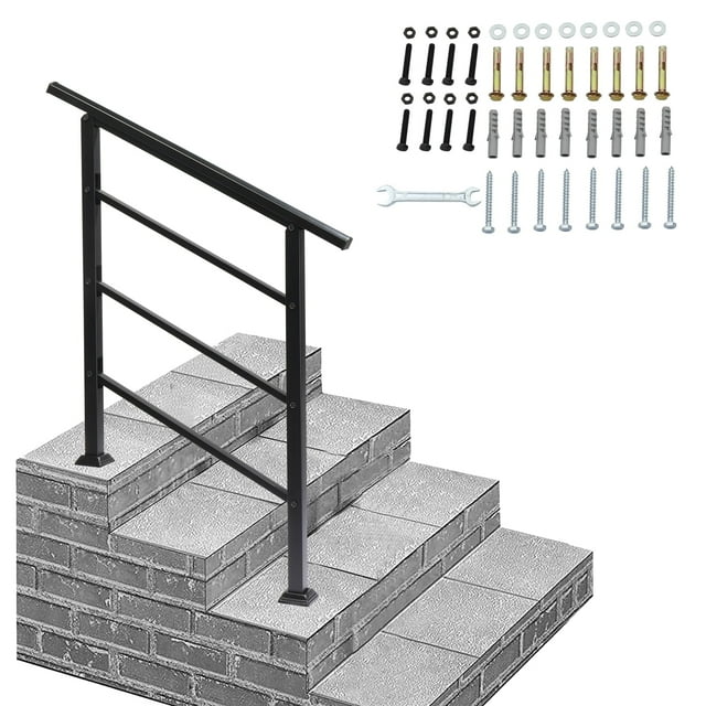 IVV Handrails for Outdoor Steps Fits 1 to 3 Steps, Outdoor Stair Railing, Wrought Iron Handrail with Installation Kit for Concrete Steps, Porch Steps (3 Steps), Matte Black