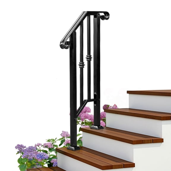 IVV Handrails for Outdoor Steps, Handrail Picket #1 Fits 1 or 2 Steps, Matte Black Galvanized Iron Staircase Railing, Stair Rail with Installation Kit for Concrete/Brick/Wooden Steps